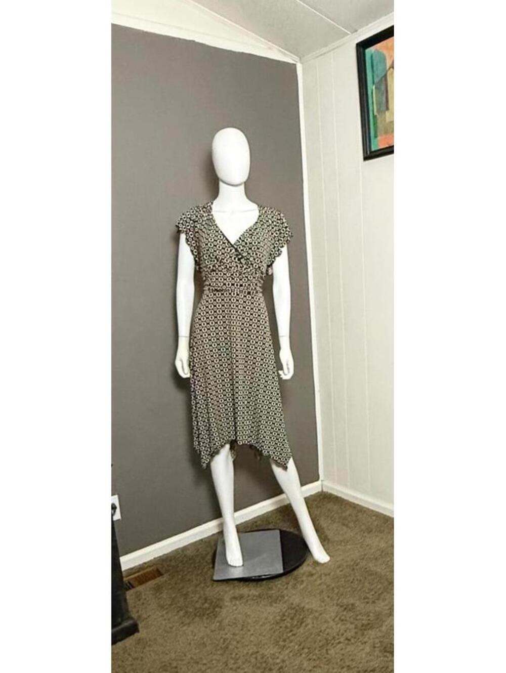 1990's Brown + Cream Print Jersey Dress Flutter Sleeve Handkerchief Hem size 1X